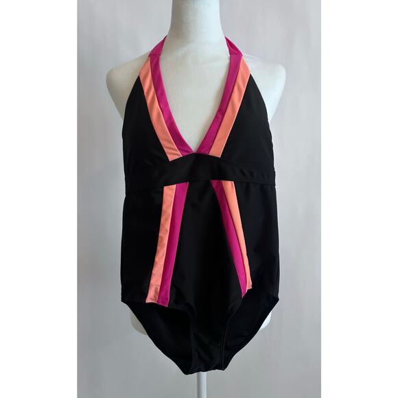 CROMER RESORTWEAR WOMENS ONE PIECE SWIMSUIT VNECK HALTER SZ 10 BLACK PEACH PINK - Picture 1 of 11